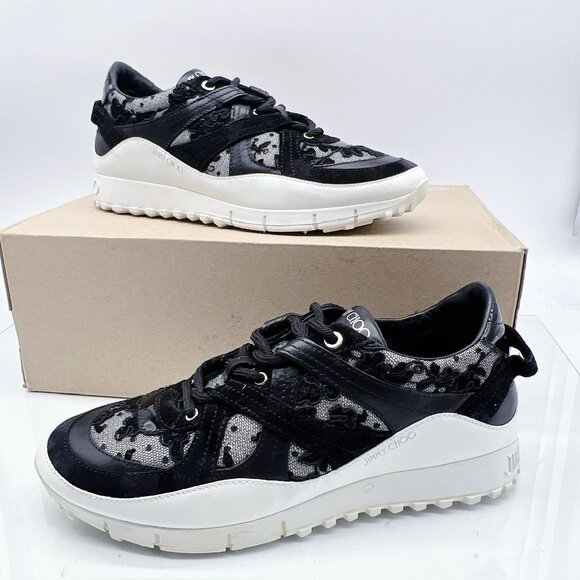 Jimmy Choo Seattle Floral Lace Mesh Trainers Sneaker Black Leather EU 39 US 9 - Picture 3 of 12